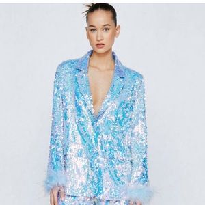 Nasty Gal sequin blazer with feather trimmed sleeves